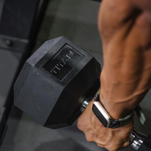 Titan Fitness Pair Rubber Coated Hex Dumbbells, Roll-Resistant Hexagonal Free Weights, Chrome-Coated Handles with Knurlin...