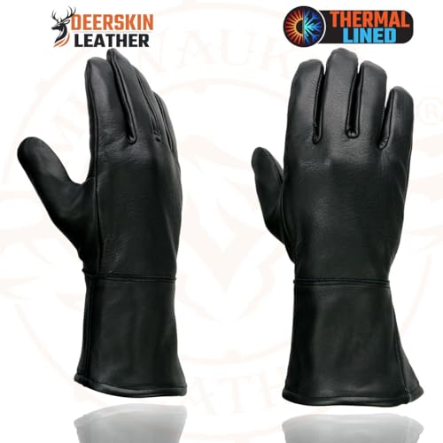 Milwaukee Leather SH857 Men's Long Cuff Thermal Lined USA Deerskin Black Leather Gauntlet Motorcycle Gloves