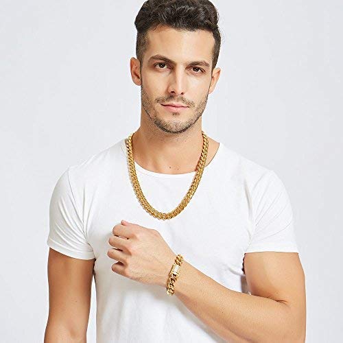 Jxlepe Mens Miami Cuban Link Chain 18K Gold 15mm Stainless Steel Curb Necklace with cz Diamond Chain Choker (20, Necklace)