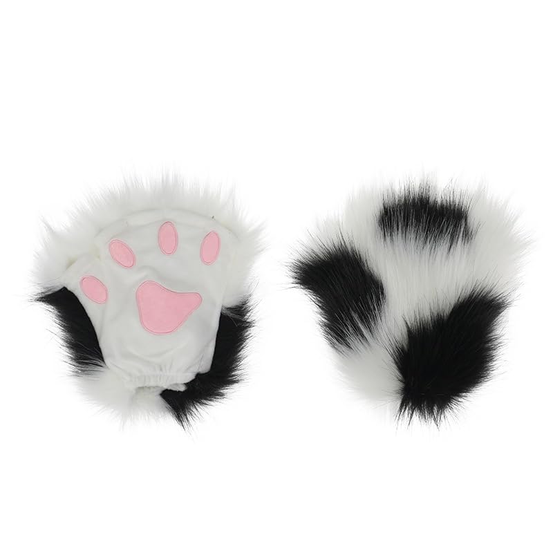 Obenie Halloween Cat Paw Gloves Therian Paws Therian Gear Furry Paws Cosplay Fluffy Mittens (white 1)