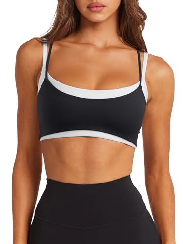 LASLULU Womens Double Layered Sports Bra Adjustable Spaghetti Straps Sexy Scoop Neck Wireless Padded Workout Yoga Crop Tops