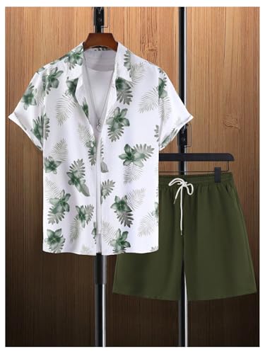 GORGLITTER Men's Hawaiian Matching Set Summer Beach 2 Piece Outfits Flower Button Down Shirts and Shorts Set