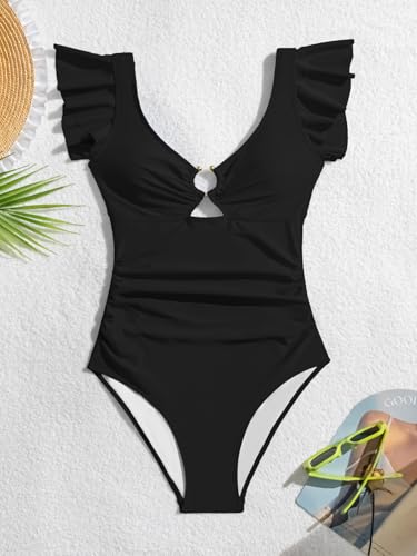 Eomenie Womens Ruffled One Piece Swimsuit Slimming Tummy Control Bathing Suit V-Neck Cutout Swimwear for Resort Wear