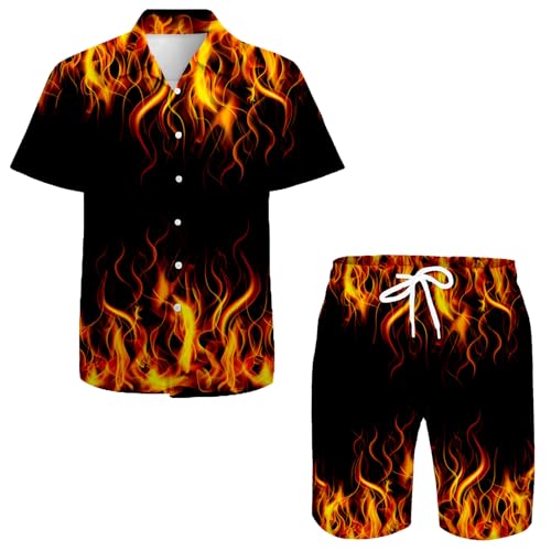QiErDesign Men's Hawaiian Shirts Casual Button Down Short Sleeve Shirts Set Printed Shorts Beach Hawaii Suits