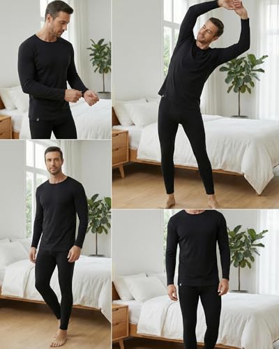 Men Heavyweight Rayon Polyester Thermal Underwear Base Layer Long Johns Blended Fleece Lined Set for Cold Weather