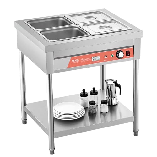VEVOR 4-Pan Commercial Food Warmer, 4 x 1/2 Pans Electric Steam Table, 1500W Professional Buffet Catering Food Warmer with Undershelf, Stainless Steel Server for Restaurant Party Hotel