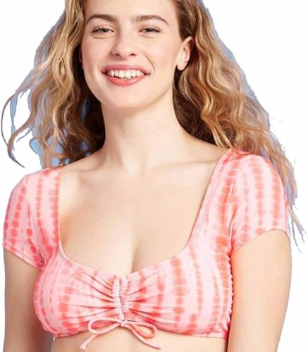 Xhilaration Juniors' Cinched Cap Sleeve Crop Bikini Top (Coral Tie-Dye)