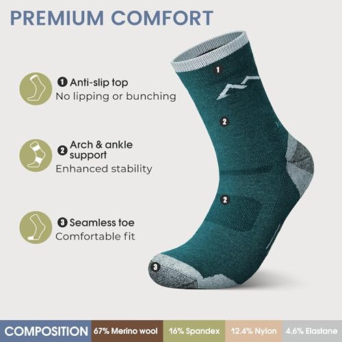 innotree 3 Pack Men's Merino Wool Hiking Socks, Micro Crew Cushioned Hiking Walking Thermal Moisture Wicking Trekking Socks