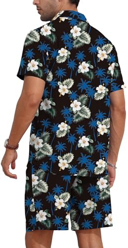 YTD Mens Flower Hawaiian 2 Piece Outfit Sets Short Sleeve Beach Casual Button Down Shirt and Shorts Suits