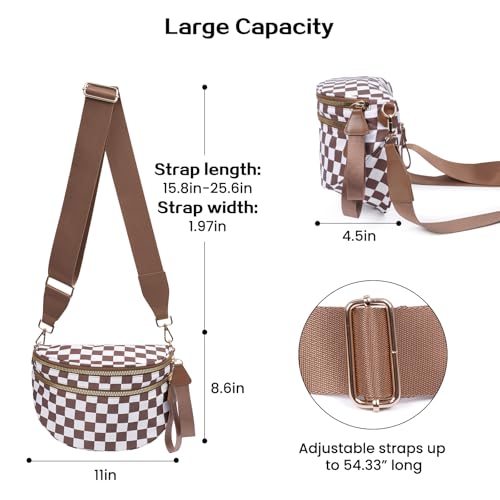 kuifang Checkered Bum Bag Crossbody Bag for Women, Spacious Purse Oversized Fanny Packs（Brown）