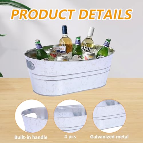 Hyuetrsa 4 Pcs Galvanized Tub 4 Gallon Ice Bucket Large Metal Drink Buckets with Carry Handles for Bar Party Supplies, Col...