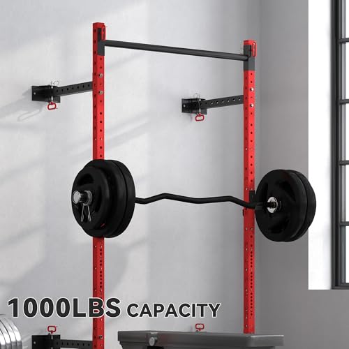 Soozier Folding Squat Rack with Adjustable Pull-Up Bar, 1000 Pounds Capacity Wall Mounted Power Rack, Adjustable Barbell R...
