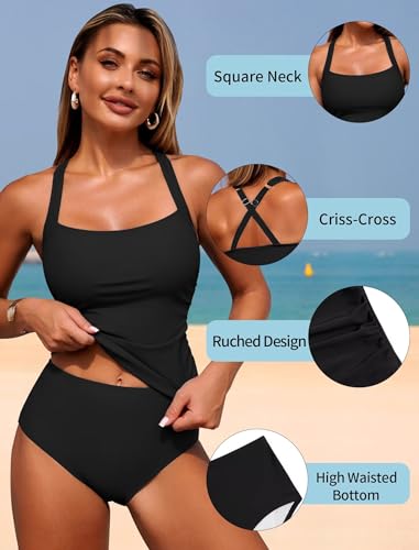 ZAFUL Women's Tankini Swimsuits Tummy Control Swimwear Two Piece Bathing Suits Swim Top with High Waisted Bottom