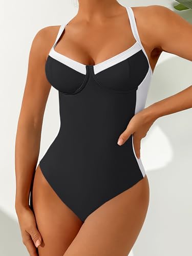 ANRABESS Womens One Piece Swimsuit Slimming Color Block Bathing Suit Full Coverage Swimwear 2026 Beach Vacation Clothes