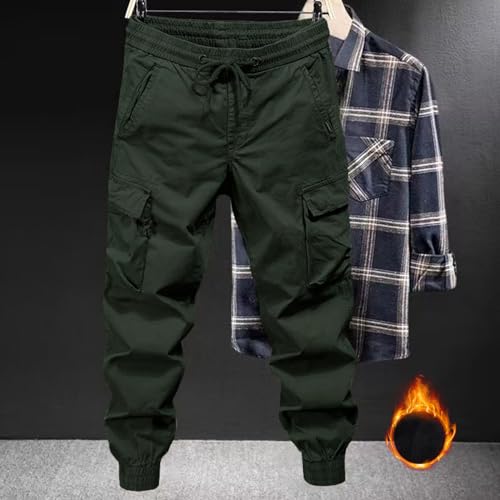 Fleece Lined Cargo Pants Men 2026 Winter Warm Elastic Waisted Cargo Pants Plus Size Cotton Outdoor Tactical Hiking Trousers