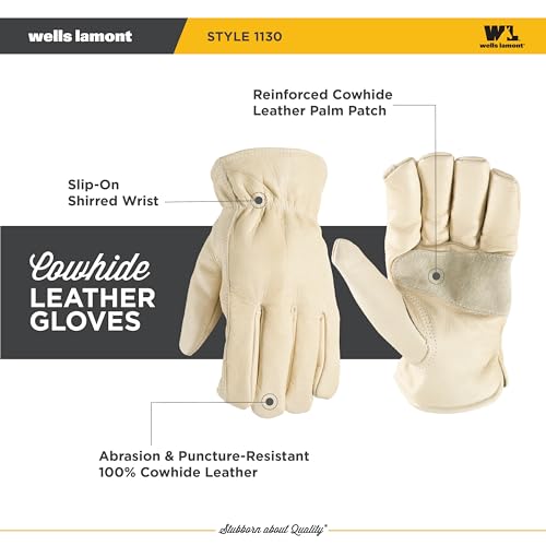 Wells Lamont Leather Work Gloves for Men – Grain Cowhide, Reinforced Palm – Ideal for Construction, Farming, Ranching – Er...