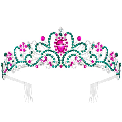 KICOSY Pink and Green Tiara Crown for Women Girls - Sparkling Rhinestone Crown Headband for Birthday Party, Halloween, Pro...