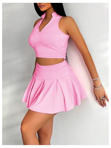 RoseSeek Women's 2 Piece Tennis Skirt Set Sleeveless Racerback Crop Tank Tops High Waisted Pleated Mini Skirt Outfits