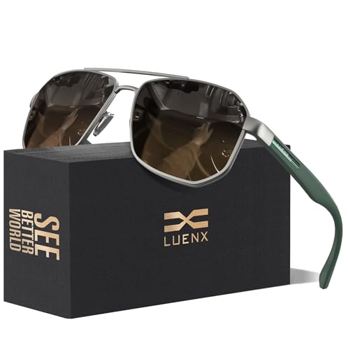 LUENX Aviator Sunglasses for Men Square Polarized Polygon Lens - UV 400 Protection with Accessories 61MM Driving Outdoor