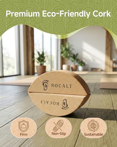 Rocalt 2 Pack Cork Yoga Blocks, Half Moon Yoga Block & Calf Stretching, Cork Foot Stretcher for Plantar Fasciitis Relief, ...