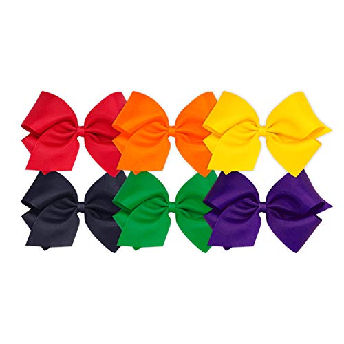 Wee Ones Girls' 6 Piece Set of Bows, Solid Grosgrain Variety Pack on a WeeStay No-Slip Hair Clip, King, Red, Orange, Yellow, Nav