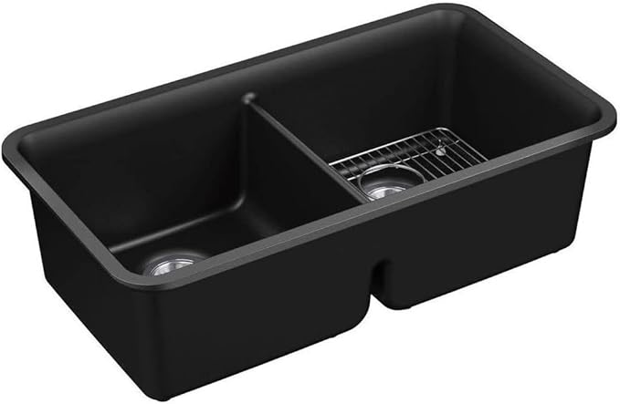 KOHLER K-8199-CM6 Cairn Sink, 33" Neoroc Composite Undermount Double-Bowl Kitchen Sink, Composite Kitchen Sink with Sink Rack, Matte White