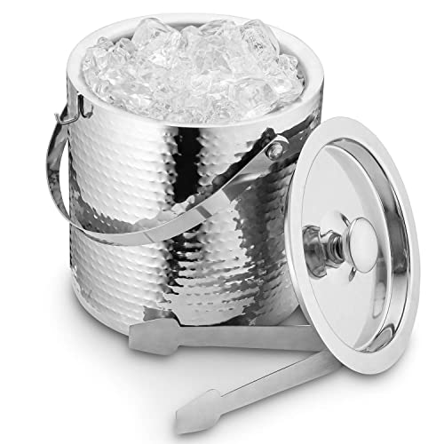 Hammered Ice Bucket - Ice Bucket with Tongs - Insulated Ice Bucket with Lid - Double Wall Ice Bucket 3 Quarts - By Colleta...