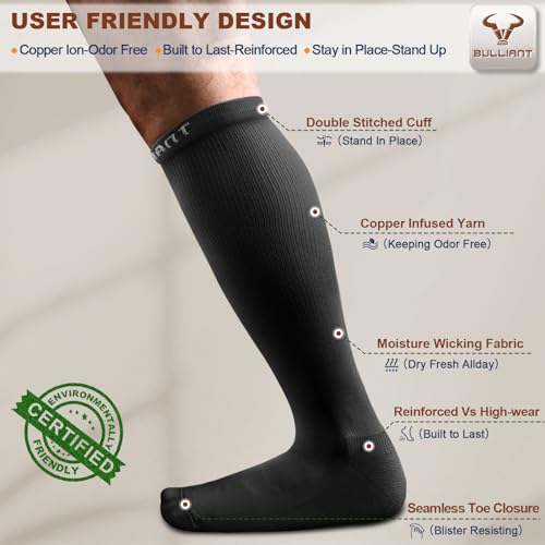 BULLIANT Compression Socks 3Pairs-15-20mmHg Circulation Support Men Women Hiking Sports Recovery-Upgraded Wicking Tech