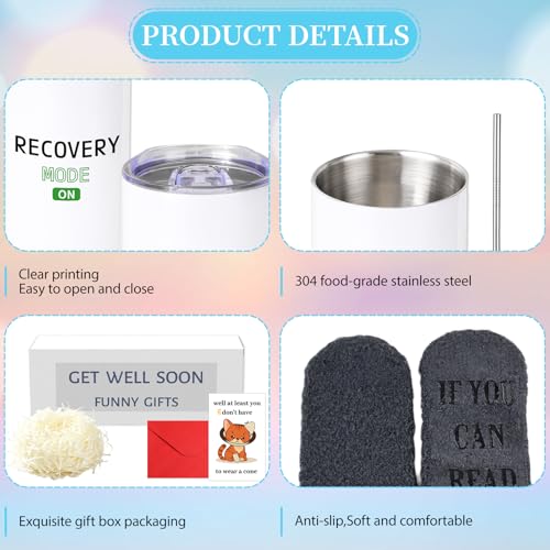 6 Pcs Funny Get Well Soon Gifts for Women Men, 20oz Hospital Mug Funny Recovery Socks Hand Bell Keychain Greeting Cards Ge...