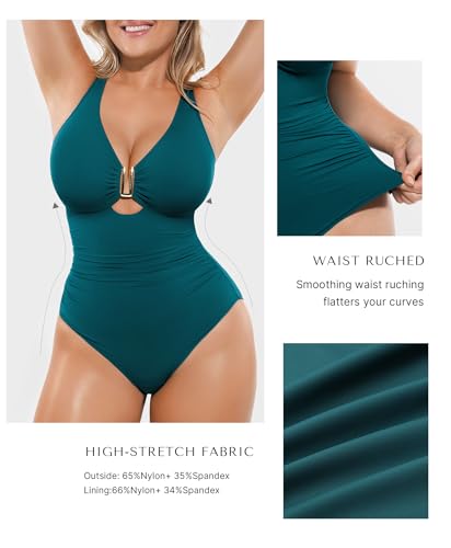 SHAPELLX Tummy Control Swimsuits One Piece V Neck Slimming Bathing Suit for Women Cutout Ruched Shapewear Swimwear
