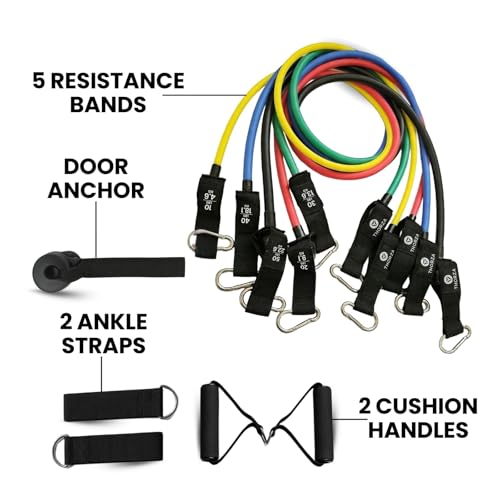 THORZA 11-Piece Full Body Strength Training with Resistance Bands Set - 5 Levels Tube Exercise Bands, Without Latex TPE Re...
