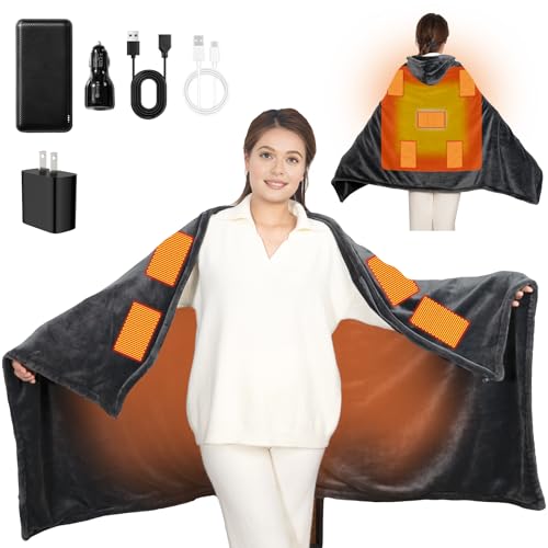 Cordless Heated Blanket with Hood, USB Battery Powered Heated Wearable Blanket with 9 Heating Zones, 20000 mAh Power Bank,...
