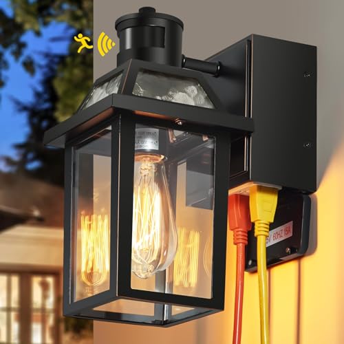 Porch Lights with GFCI Outlet, Dusk to Dawn Outdoor Lights with Outlet, 3 Lighting Modes Exterior Light Fixture Waterproo...