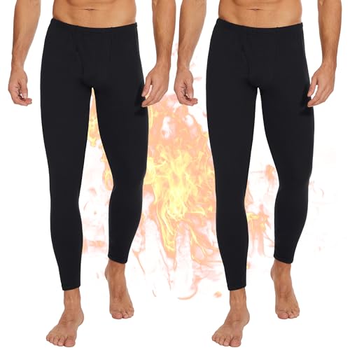 OBFUN 2 Pack Thermal Underwear for Men Pants Long Johns Bottoms Base Layer Cold Weather Fleece Lined Leggings