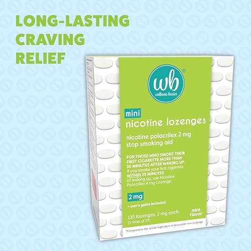 Wellness Basics Mini Nicotine Lozenge 2mg | Stop Smoking Aid | Mint Flavor | 135 Count | Pack of 5 Vials | Reduces Craving...