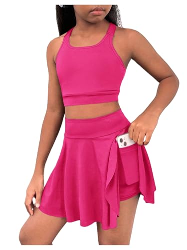 BEAUDRM Girl's 2 Piece Workout Outfits Yoga Crop Tank Top and Skort Athletic Sets Dance Outfits