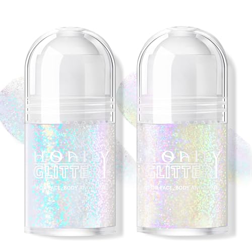 HOSAILY 2 Colors Roll-on Body Glitter Gel, Holographic Glitter Gel Under Light for Face Hair, Body Shimmer for Rave Access...