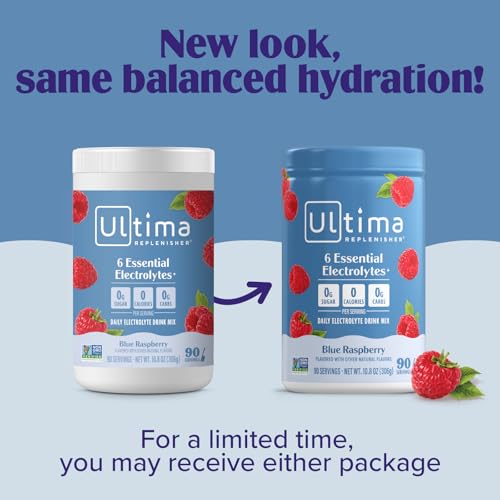 Ultima Replenisher Daily Electrolyte Powder Drink Mix – Sugar Free – Blue Raspberry, 90 Servings – Hydration Powder with 6...