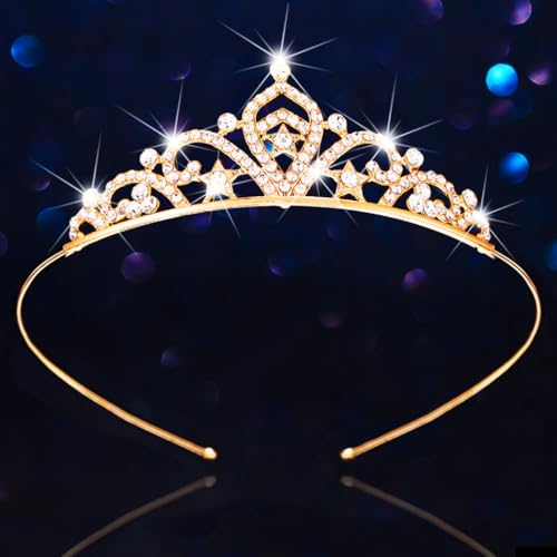 Kilshye Rhinestone Princess Tiara Silver Star Tiaras Headband Birthday Hair Accessories for Girls (Gold, Free Size)