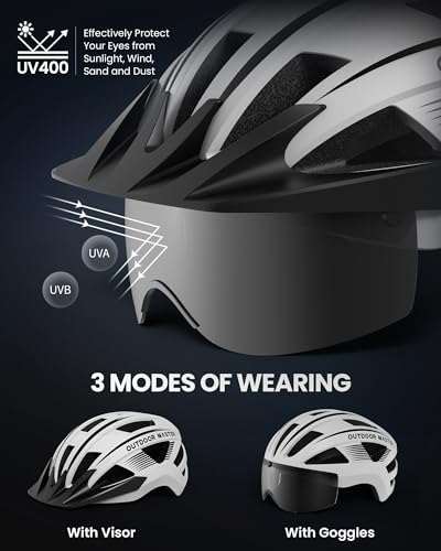 OutdoorMaster Adult Bike Helmet - Bicycle Helmet with Rechargeable Rear LED Light, Detachable Magnetic Goggles, Removable ...