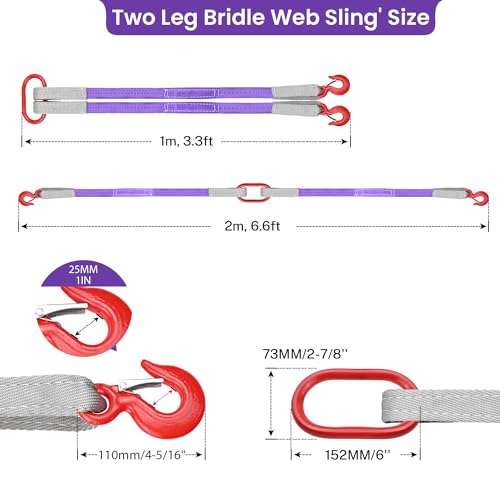 Lifting Slings Straps with Hooks - 3.3 FT, 4409LB Pounds Capacity, Polyester Bridle Sling, Heavy Duty Two Leg Rigging Stra...