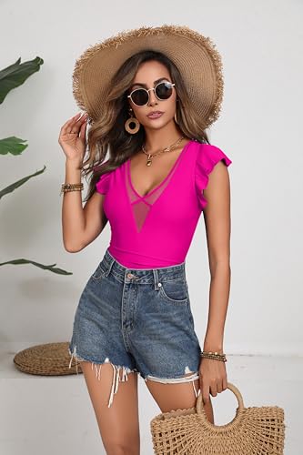 AI'MAGE One Piece Swimsuits for Women Sexy Mesh Deep V Neck Bathing Suit Ruffle Cap Sleeve Tummy Control Swimwear S-XXL