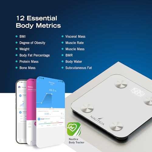 Nautica Body Tracker Digital Bathroom Scale, Bluetooth-Enabled Smart Scale with BMI, Body Fat, Muscle Mass Tracking & Mor...