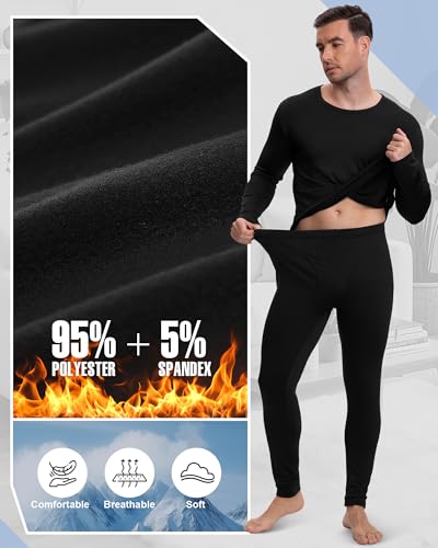 Patelai 5 Sets Men's Thermal Underwear Fleece Base Layer Set Winter Base Layer Cold Weather Top Bottom