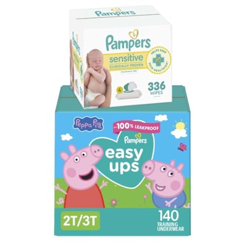 Pampers Easy Ups Pull On Training Pants Peppa Pig, 2T-3T, One Month Supply (140 Count) with Sensitive Water Based Baby Wip...