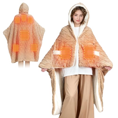 Heated Throw Blanket Wearable Battery Operated, 59" x 63" Cordless Portable Electric Blanket Wrap Poncho, Outdoor Heated S...