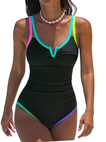 popvil One Piece Swimsuits Women 2026 Tummy Control - Modest Bathing Suit Shapewear Swimwear Retro Neon Swim Suit