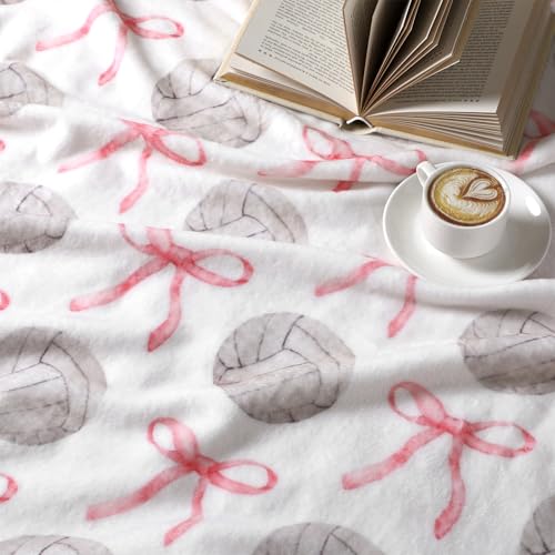 SmoothNovelty Pink Bow Volleyball Blanket for Teen Girls Cute Soft Flannel Throw Blanket Washable Aesthetic Fuzzy Fleece T...