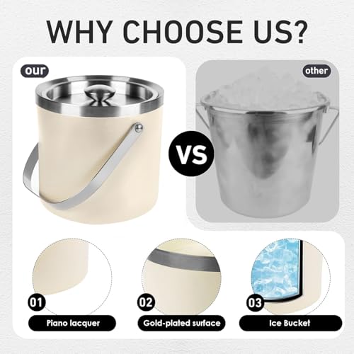 3L Beige-White Double Wall Insulated Stainless Steel Ice Bucket with Scoop for Cocktail Bar,Metal Ice Bucket for Freezer w...
