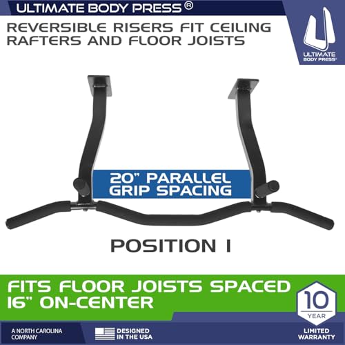 Ceiling Mount Pull Up Bar with Reversible Risers for 16 and 24 Inch Joists with Optimum Grip Spacing by Ultimate Body Press